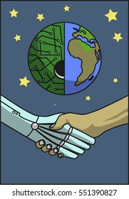 Handshake of man and robot on a background a divide planet. Vector illustration.