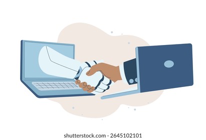 Apretón de manos del hombre y el robot, IA robótica y hombre de negocios dándole la mano, Colaboración en línea entre humanos e inteligencia artificial, Tecnología moderna. Ilustración vectorial de diseño plano.