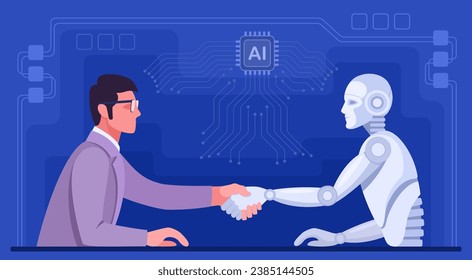 Handshake. A man and a robot shake hands. The concept of cooperation and development of artificial intelligence, information technology, robotics. Vector flat illustration, banner, poster in blue.