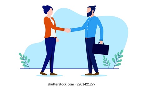 Handshake man and woman - Businessman and businesswoman shaking hands over business deal and agreement. Flat design vector illustration with white background