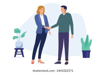 Handshake - Man and woman shaking hands in business office dressed in casual clothes smiling and greeting. Agreement and negotiation concept in flat design vector illustration with white background