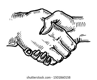 Handshake man and woman. Vector black vintage engraving illustration isolated on a white background. For web, poster, info graphic.