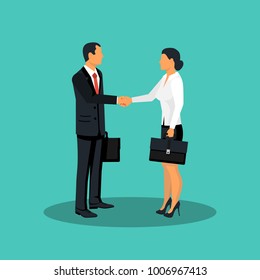 Handshake man and women. Meet business partners, stylish man in suit, woman. Business people male and businesswomen. Vector illustration flat design. Isolated on background. Symbol of successful deal.
