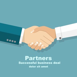 Handshake Men And Women. Handshake Of Business People Partners Businessmen And Businesswomen. Hand Shaking Meeting Agreement. Vector Flat Design. Symbol Of Successful Transaction.
