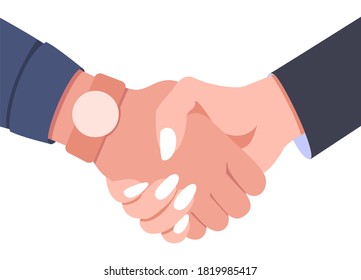 Handshake men and women in flat style. Business people partners shaking hands. Concept of Collaborative teamwork successful deal and meeting agreement. Vector illustration