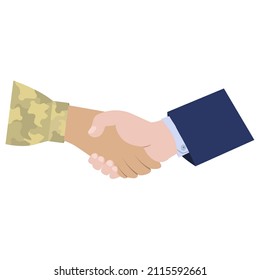 The handshake of a military and civilian man on a white background.Vector illustration.
