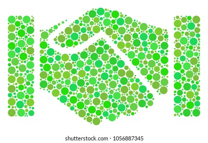 Handshake mosaic of dots in various sizes and fresh green color tones. Vector dots are composed into handshake composition. Fresh design concept.