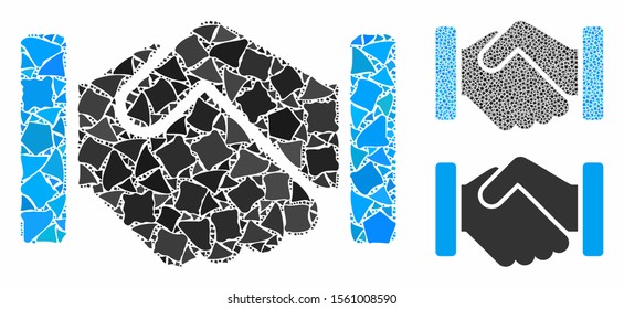 Handshake mosaic of humpy elements in variable sizes and color tinges, based on handshake icon. Vector raggy elements are grouped into mosaic. Handshake icons collage with dotted pattern.