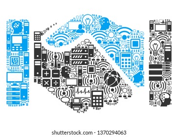 Handshake mosaic icon organized for bigdata and computing illustrations. Vector handshake mosaics are organized from computer, calculator, connections, wi-fi, network,