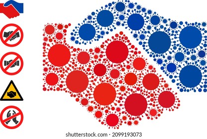 Icono de mosaico de apretón de manos. El collage de vectores se organiza a partir de partes aleatorias de las células de virus. Icono de apretón de manos de la celda de virus e iconos adicionales. Mosaico de apretón de manos para imágenes de ruptura.