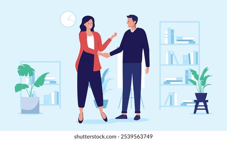 Aperto de mão no escritório - Duas pessoas apertando as mãos sobre o acordo de negócios, negócio ou colaboração dentro de casa no local de trabalho. Conceito de trabalho em equipe de empresários em design plano gráfico de ilustração de estoque
