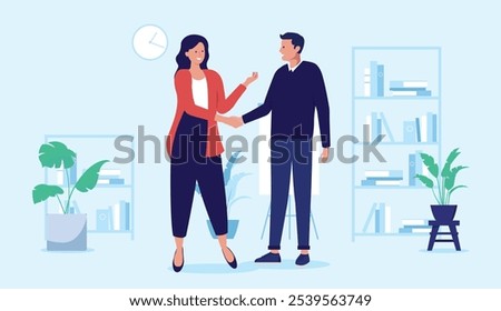 Handshake in office - Two people shaking hands over business agreement, deal or collaboration indoors at workplace. Businesspeople teamwork concept in flat design stock illustration graphic