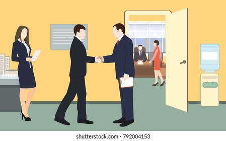 Agitación en la ilustración vectorial de oficina. Hombre de negocios estrechando la mano. Un apretón de manos fuerte y firme aplaude.