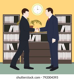 Handshake in office vector illustration. Business man shaking hands. Strong and firm handshake clap.