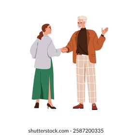 Handshake, old senior man and young woman. Professional people shaking hands. Older employee greeting younger office worker, business partner. Flat vector illustration isolated on white background