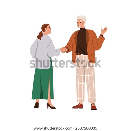Handshake, old senior man and young woman. Professional people shaking hands. Older employee greeting younger office worker, business partner. Flat vector illustration isolated on white background