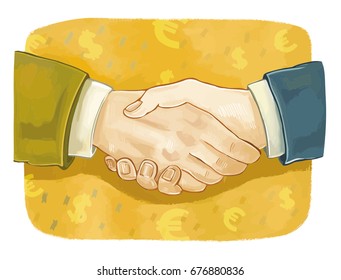 handshake on the background of the dollar and the Euro
