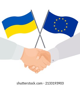 Handshake on the background of flags. Cooperation between the European Union and Ukraine. International alliance. Symbol of peace and help. Stop war and violence. Support for Ukraine.