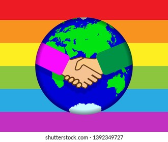 Handshake on the background of the globe. Rainbow background in LGBT colors