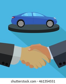 The handshake on the background of a passenger car. Making a transaction on the purchase car. Blue background