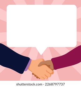 Handshake on bright colored background. Speech bubble with important information. White text holder behind object contains main message. Empty whiteboard.