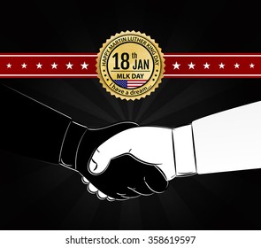 Handshake on dark background with gold emblem for day of Martin Luther King. Martin Luther King day  design in vector