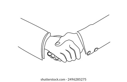 Handshake in einer durchgehenden Linienzeichnung. Ein Poster. Handshake-Hände umreißen. Für Innenarchitektur und Präsentationen. Vektorgrafik.