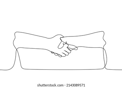 apretón de manos - vector de dibujo de una línea. dos manos humanas se sostienen en un gesto de saludo o reconciliación