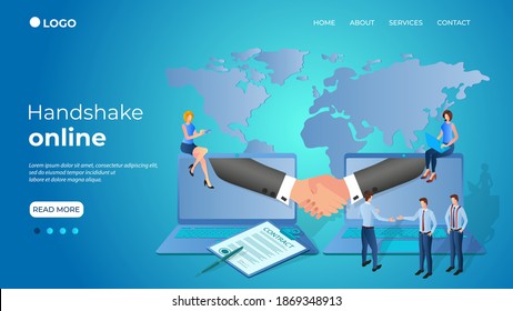 Handshake online.Die Unterzeichnung des Vertrags mithilfe der Online-Verbindung.Menschen im Hintergrund eines Laptops.Das Konzept der modernen Business-Technologien.Isometrische Vektorgrafik.