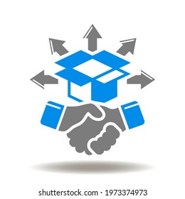 Handshake and open box cargo with multidirectional arrows vector icon. Incoterms logo. Distribution, Delivery symbol.