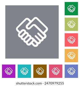 Handshake outline flat icons on simple color square backgrounds