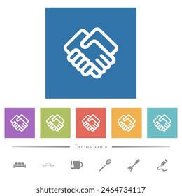 Handshake outline flat white icons in square backgrounds. 6 bonus icons included.