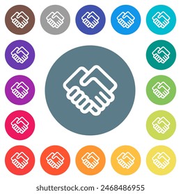 Handshake outline flat white icons on round color backgrounds. 17 background color variations are included.