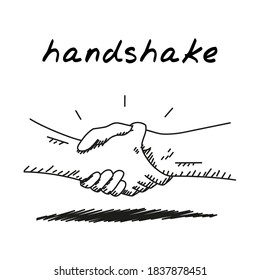 Handshake outline illustration. Vector illustration of two muscular hands making a sport style handshake. Black and white outlined hands handshaking. Represents concept of friendship and unity