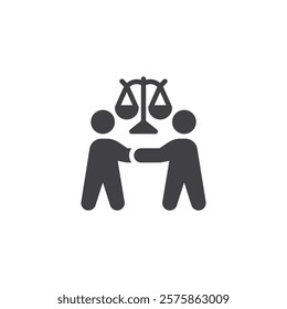 A handshake over a balance scales vector icon. filled flat sign for mobile concept and web design. Neutrality Symbol glyph icon. Fairness, neutrality, and diplomacy symbol, logo illustration