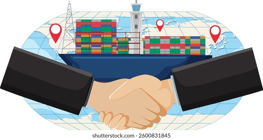 Handshake over cargo ship on world map