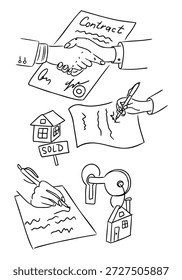 Handshake over contract document with house, key and signature symbols in simple line style. Concept of real estate agreement legal transaction property sale and ownership transfer