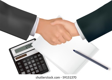 Handshake over paper with pen and calculator. Vector.