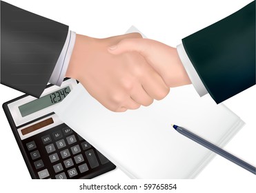 Handshake over paper and pen. Photo-realistic vector illustration.