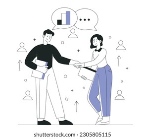 Handshake partners concept. Man and woman shake hands. Investor and entrepreneur make deal, successful negotiations. Collaboration and cooperation. Linear flat vector illustration