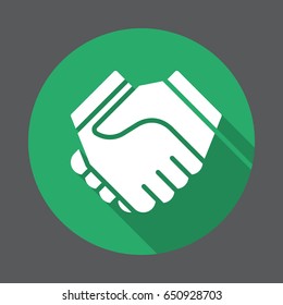 Handshake, partnership flat icon. Round colorful button, circular vector sign with long shadow effect. Flat style design