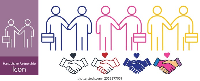 Handshake Partnership Professional Silhouette and Line Icon. Hand Shake Business Deal Pictogram. Cooperation Team Agreement Finance Meeting Icon. Editable Stroke. Isolated Vector Illustration.