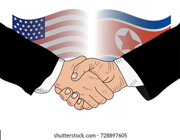 Handshake of people in black suits against the background of the flags of the United States and North Korea. Flags of the USA and North Korea