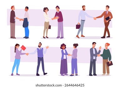 Handshake people. Business connection meeting handshake gestures exact vector business concept illustrations