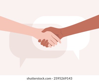 Handshake of people of different nationalities and skin tones with speech bubbles on the background. Flat vector illustration