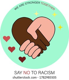 Sacudir a personas de diferentes razas con forma de corazón con el texto "Somos más fuertes juntos y decimos no al racismo"
Símbolo antirracista ilustrado para la vida de los negros, movimiento en un movimiento 
fondo turquesa