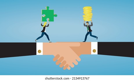 Handshake with people meeting on the middle. Dimension 16:9. Vector illustration.