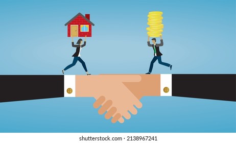 Handshake with people meeting on middle with house and money. Vector illustration.