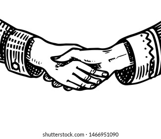 Handshake peoples. Symbol of friendship and partnership. Peace in the world. Hand drawn engraved vintage sketch.