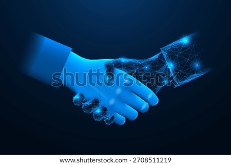 The handshake of a person with digital artificial intelligence. The concept of human-technology cooperation, trust, digital partnership and the future. Polygonal design, blue background.